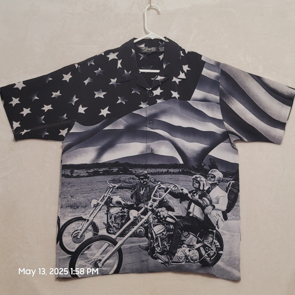 Dragonfly Shirt Mens Sz L Black All Over Print Motorcycle Easy Rider flag